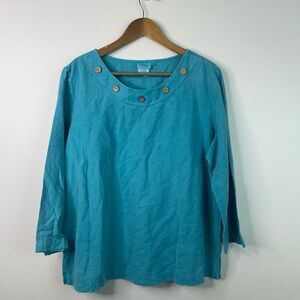 Hot Cotton Linen Button Neck Coastal Turquoise Blue Top XL Casual Boho Pullover